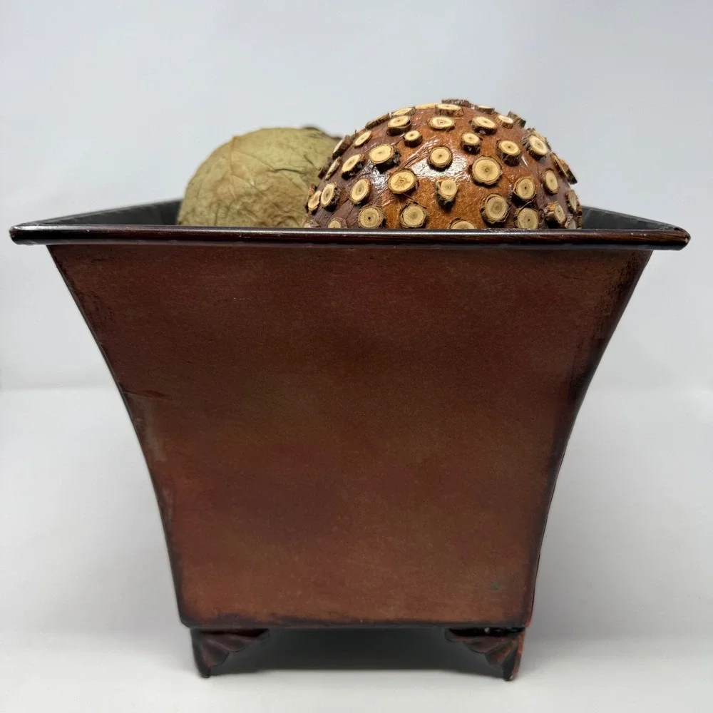 Metal Planter Box with Gold Leaf Motif and 7 Decorative Orbs 16in Autumn Decor